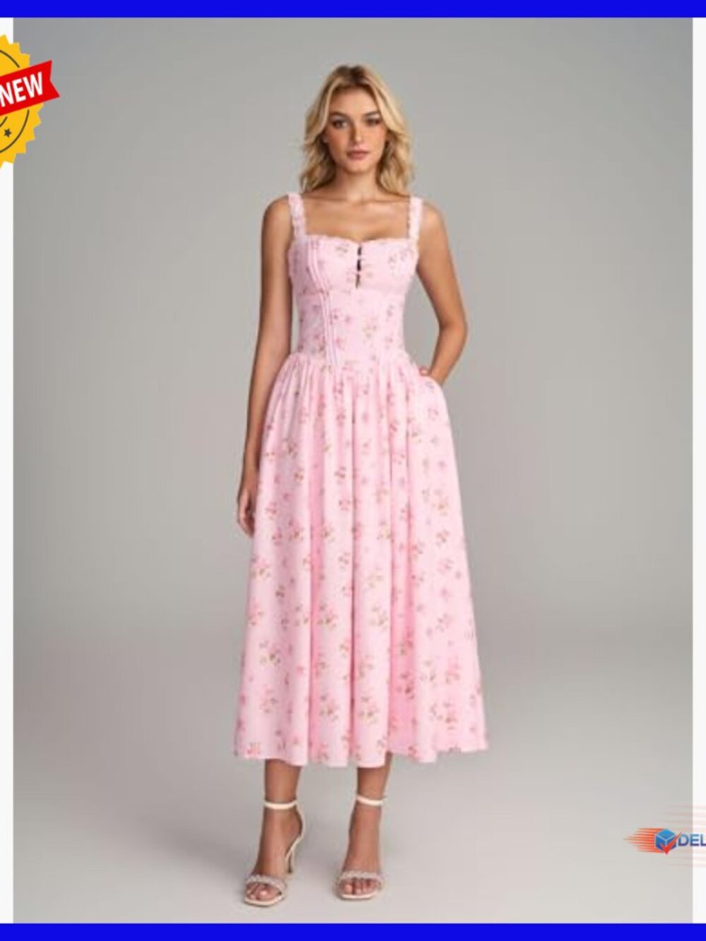 Summer Corset Midi Dress Floral Lace Smocked Flowy A-Line with Pockets - Picture 2 of 7